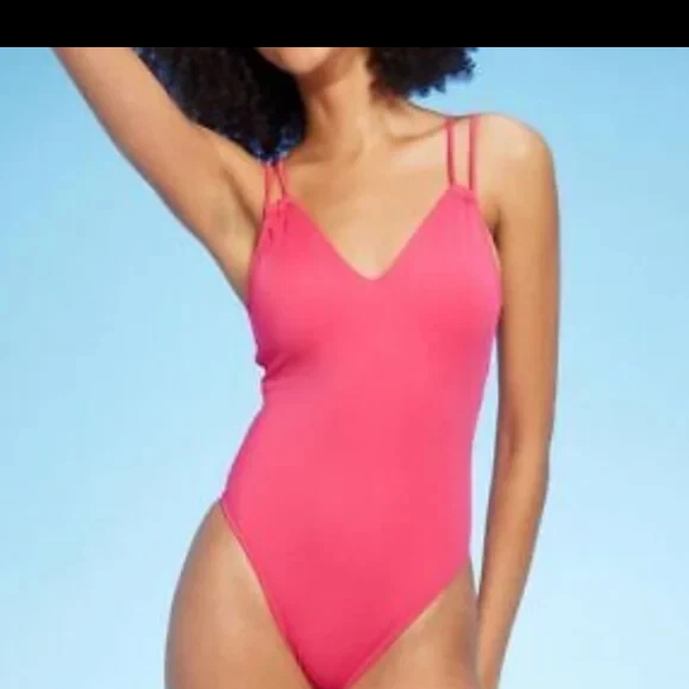 Shade & Shore Pink One Piece Swimsuit V-Neck High-Cut